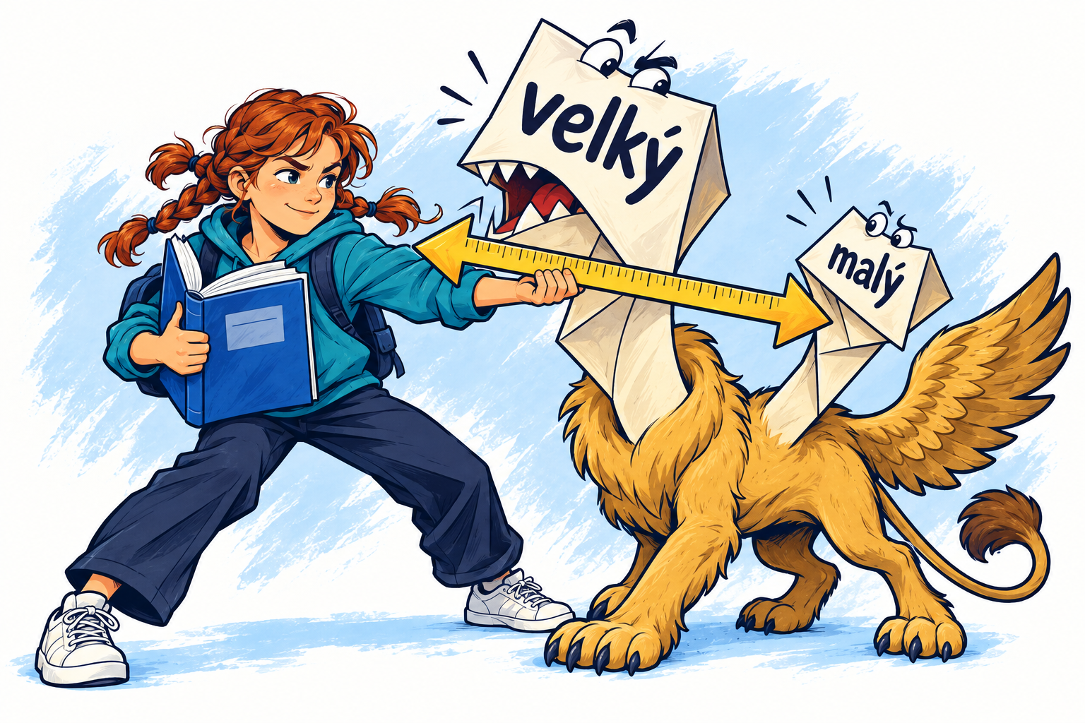 Sedmačka propojuje opačné významy slov velký a malý na hlavách příšery.