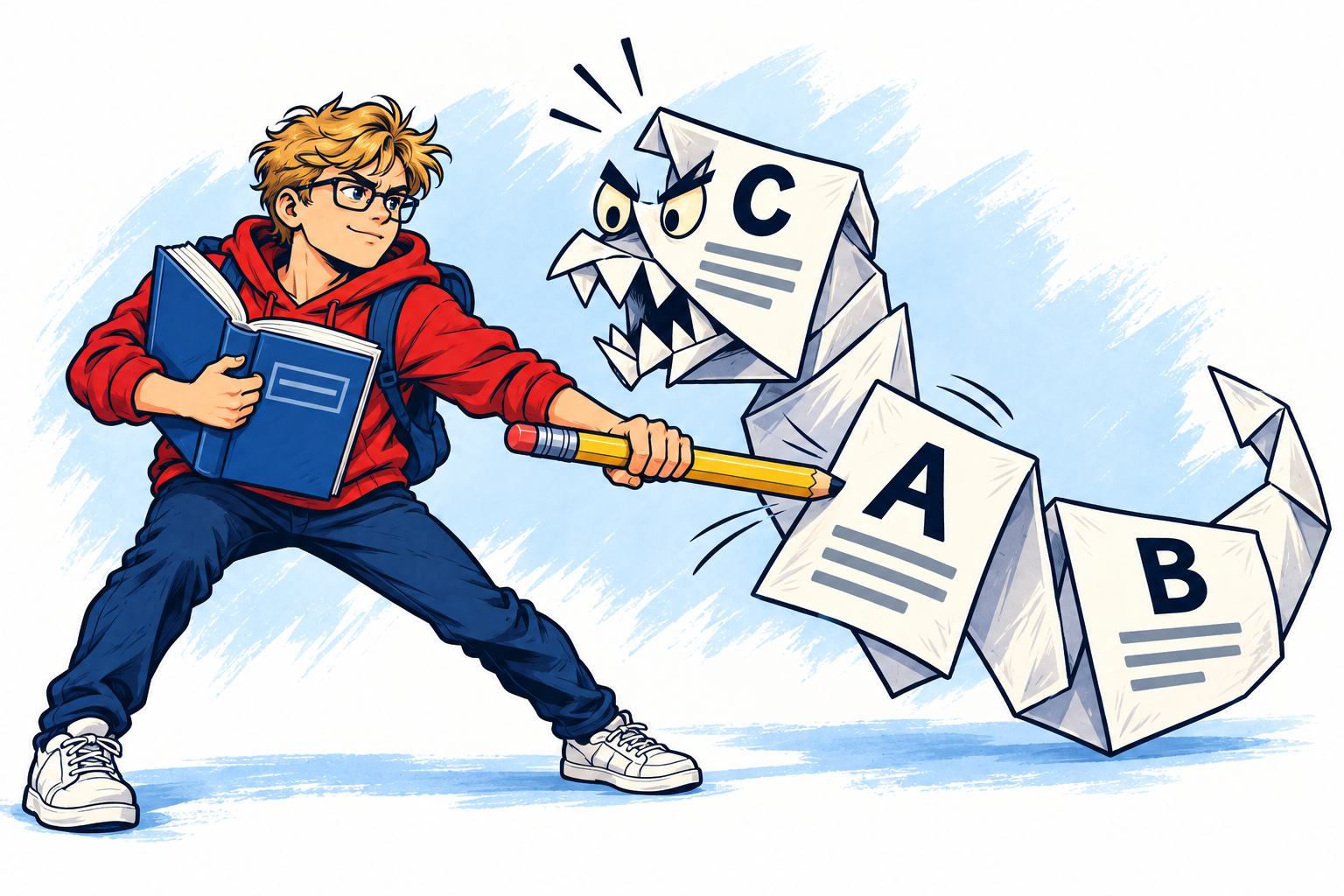 Student řadí části textu na papírovém drakovi.